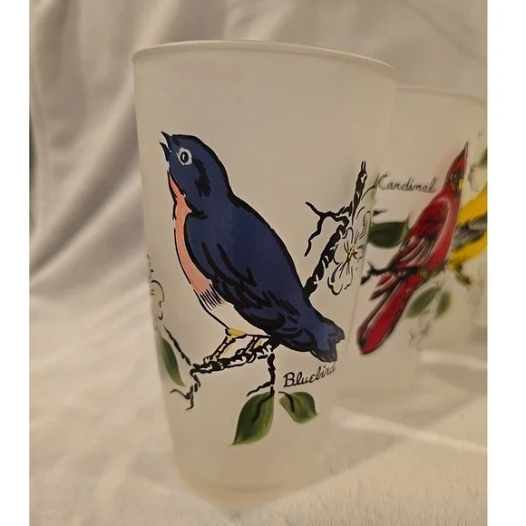 Set 7 MCM Vintage‎ Different Birds Frosted Drinking Glasses 5.5" bluebird… - Picture 2 of 8